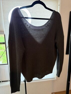 SHEIN Women's Cozy Knit Scoop-Neck Sweater with a V-back Charcoal